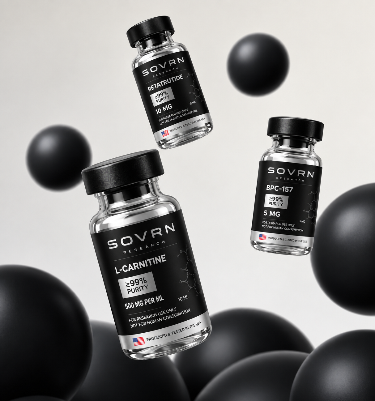 Sovrn Research vials — Retatrutide, L-Carnitine and BPC-157